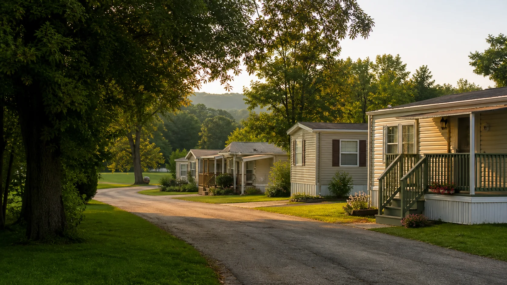 Representative view of a tree-lined manufactured-home community